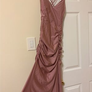 Women's Dusty Rose Ruched Satin Dress - Elegant V-Neck